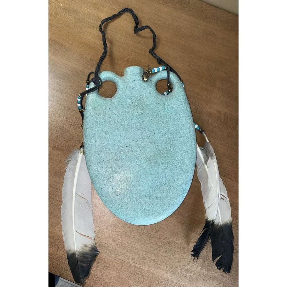Native American Style Pottery Hanging Wall Pocket Vase Blue Feathers 14 Inch